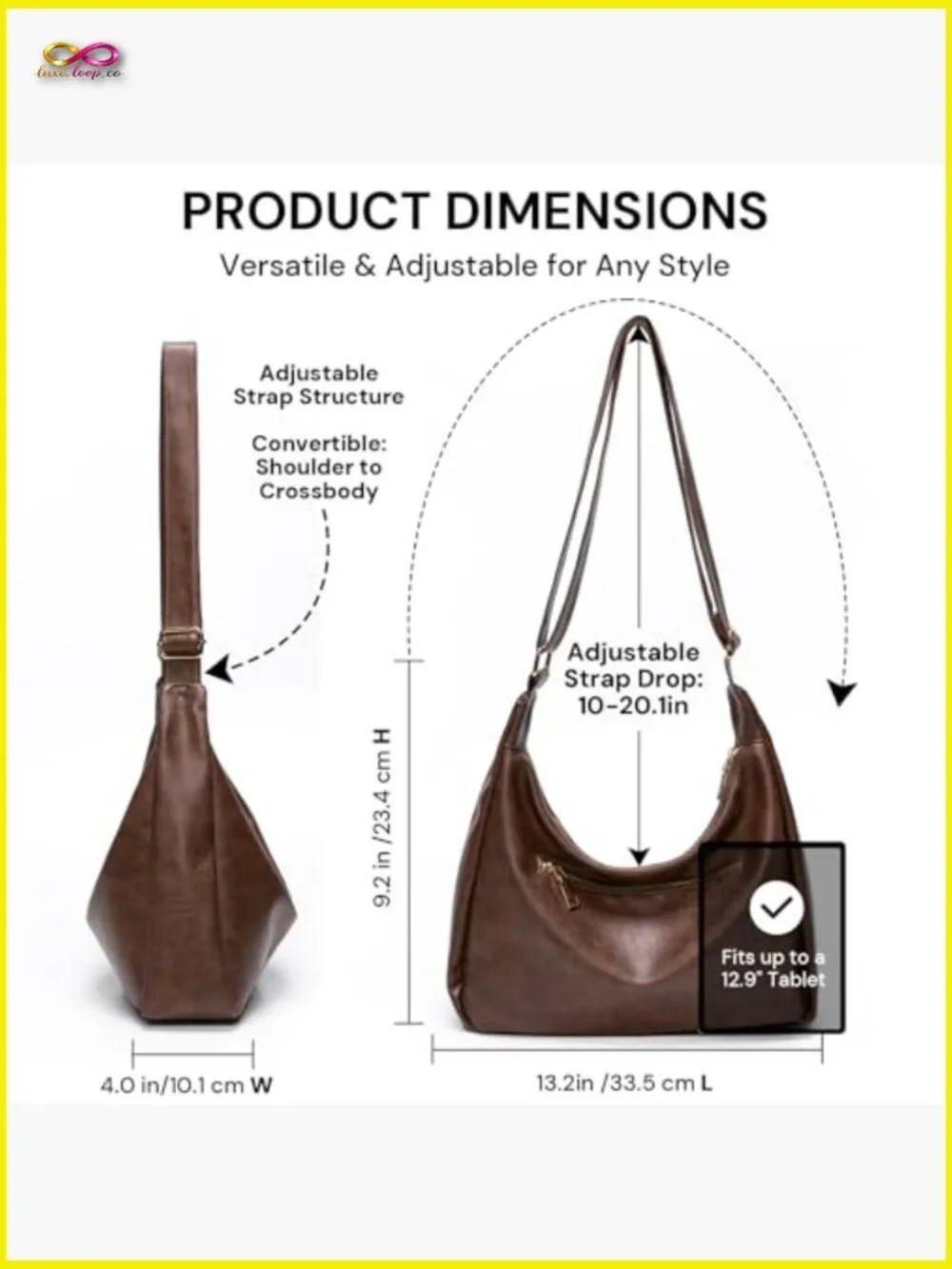 Slouchy Hobo Bag Soft Vegan Leather Adjustable Strap Crossbody Tote Multi